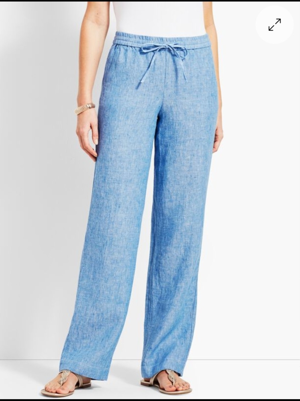 Talbots 100% Linen Wide Leg Pants Pull On Chambray Blue M Beach Vacation Coastal